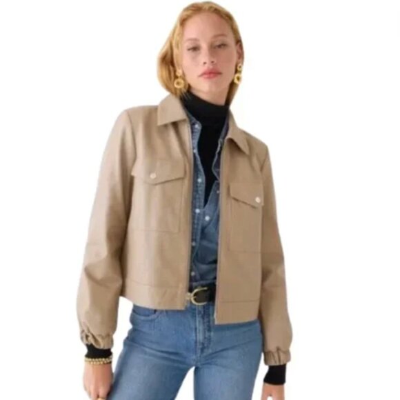 NWT JCrew Bomber Leather Jacket Womens XS Tan Nude Boulder Long Sleeve BJ932 NEW - Picture 1 of 13